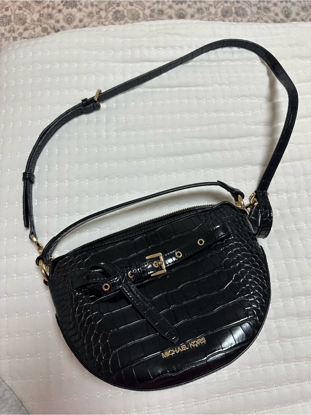 Michael Kors Black Croc-Embossed Half Moon Mini Shoulder Bag with Gold Hardware - Picture 3 of 7